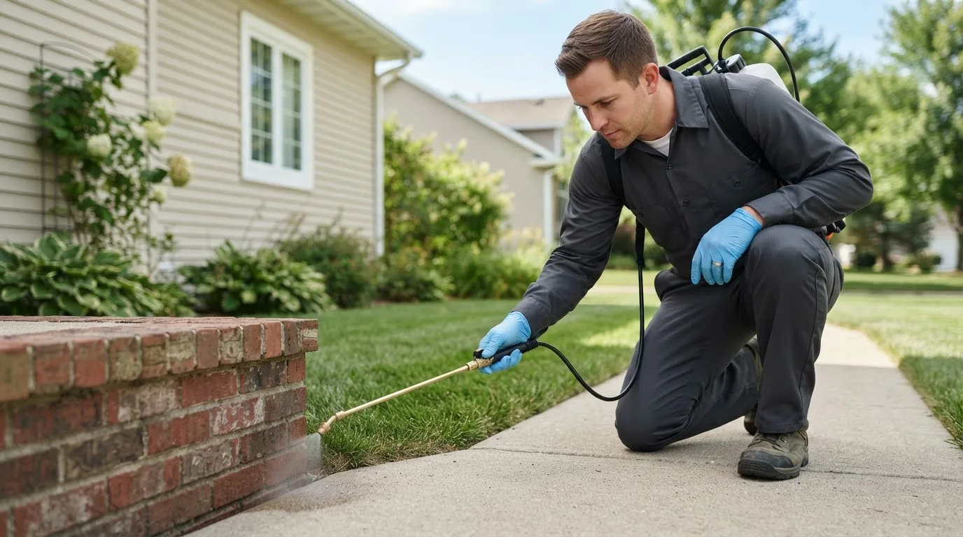 Pest control technician treating a home near Fithian, IL